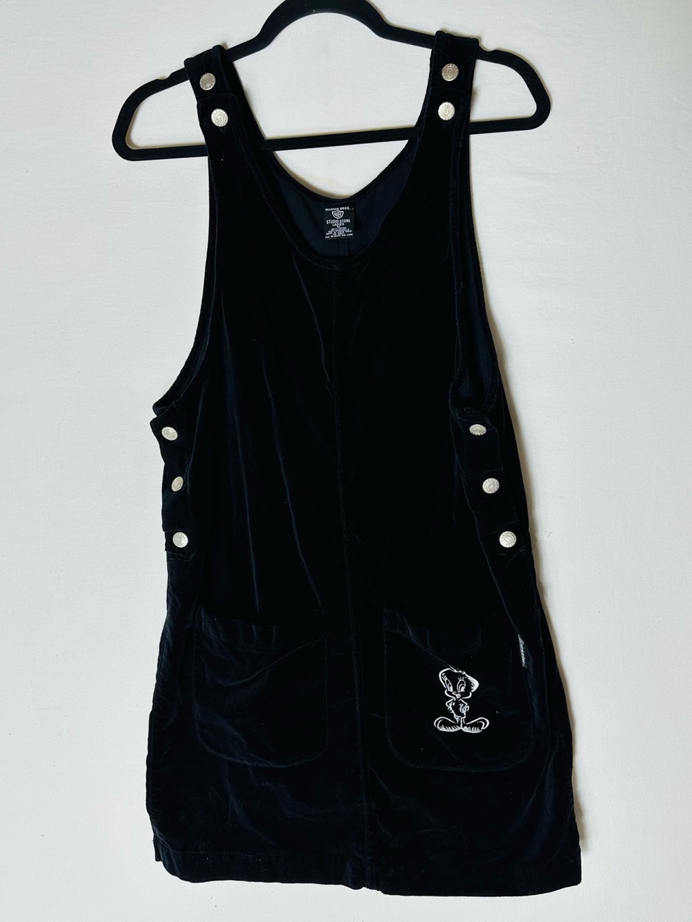 Vintage 90s Warner Bros. Studio Store Black Velour Tweety Bird Jumper Dress M